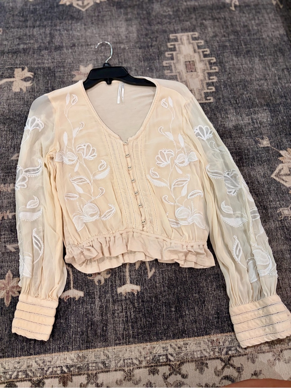 Anthropology Embroidered Cream Peasant Blouse - Women's Top